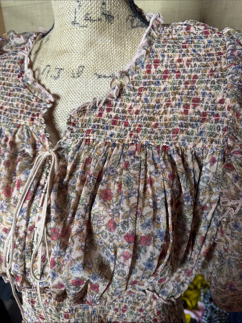 Free People Smocked Floral Lace-Up Crop Top XL NWOT Boho Prairie Cottagecore